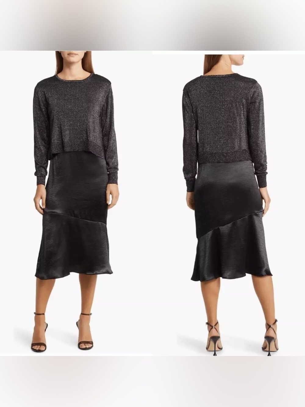 Sam Edelman Satin Slipdress Metallic Sparkle Boat Neck Sweater Black 14